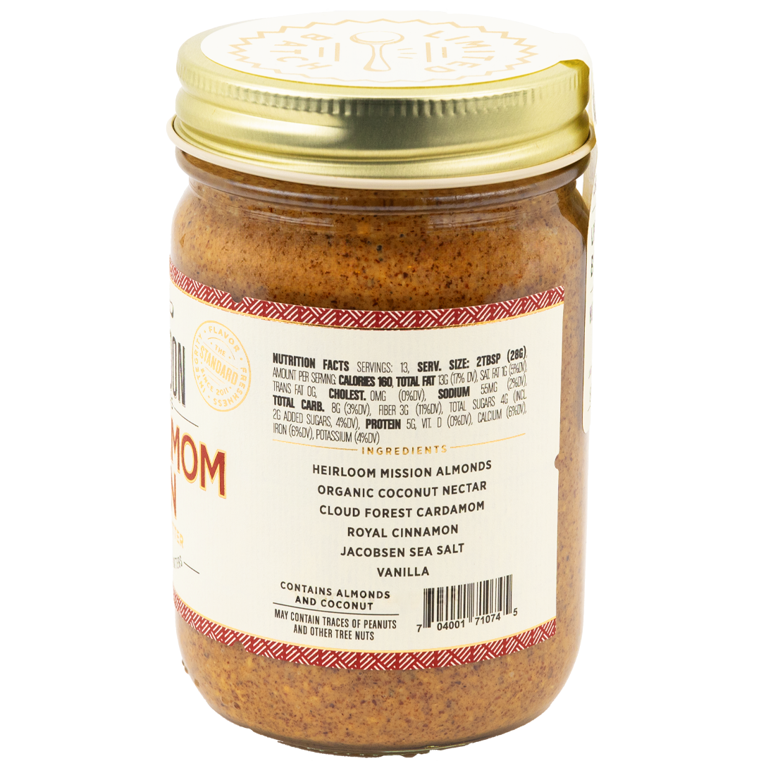 side of a jar of cardamom bun almond butter showing ingredients, barcode, and nutrition facts