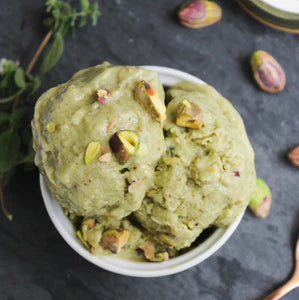 overhead view of green pistachio crunch ice cream