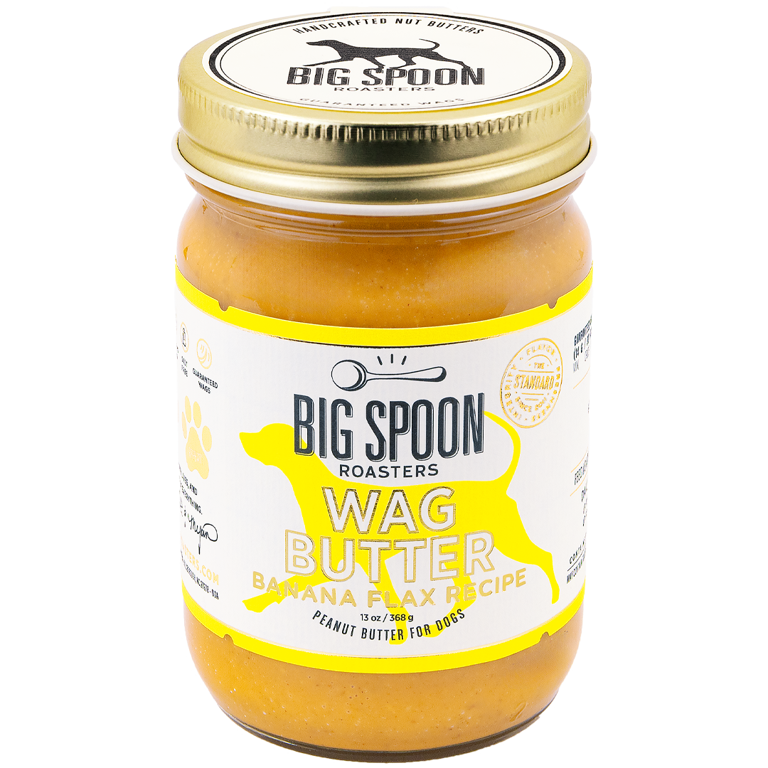 Jar of Big Spoon Roasters Wag Butter Banana Flax Recipe on a white background