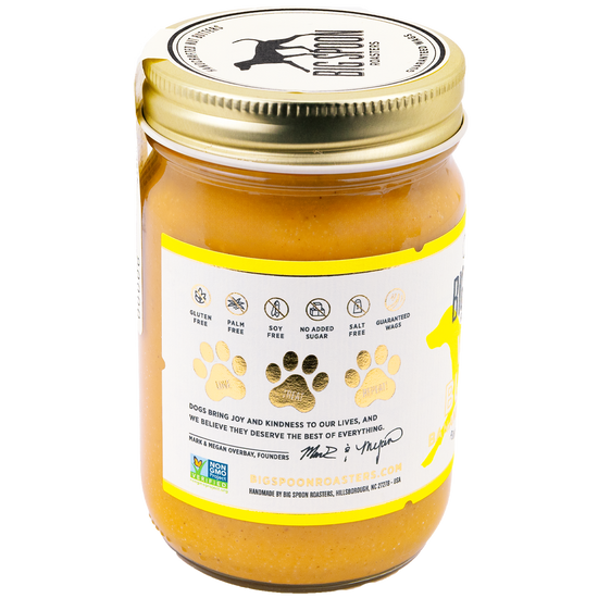 Jar of Big Spoon Roasters Wag Butter Banana Flax Recipe showing callouts