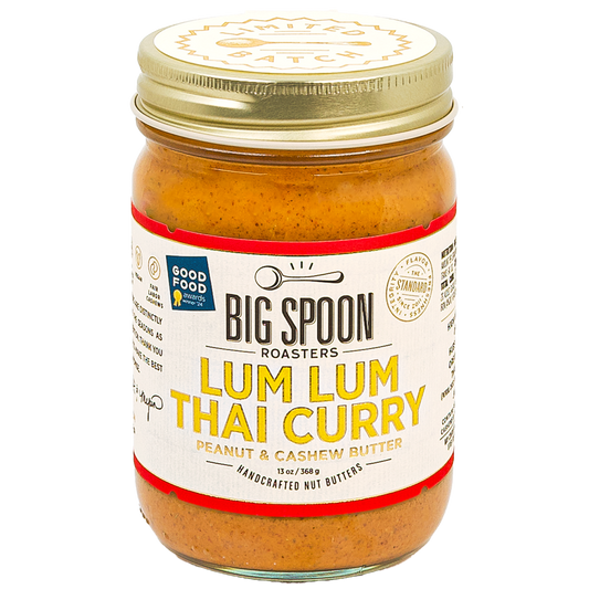 front of 13oz jar of Lum Lum Thai Curry Peanut & Cashew Butter