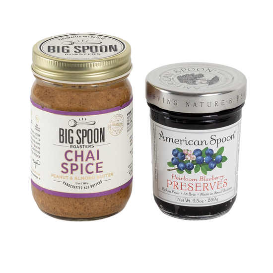 Jar of chai spice nut butter and jar of blueberry preserves