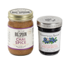 Jar of chai spice nut butter and jar of blueberry preserves
