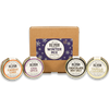 3oz Winter Mix Variety Pack box with mini jars of Carrot Cake Almond & Walnut Butter, Chai Spice Peanut & Almond Butter, Chocolate Sea Salt Almond Butter, and Vanilla Caramel Almond & Cashew Butter in front