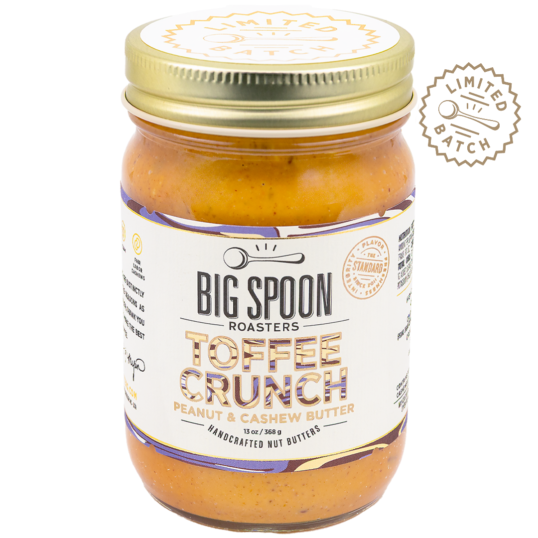 Jar of Big Spoon Roasters Toffee Crunch peanut and cashew butter 