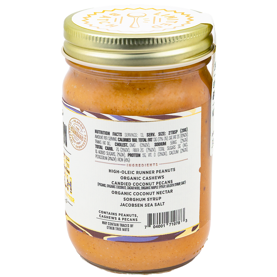 Jar of Big Spoon Roasters Toffee Crunch peanut and cashew butter showing side label listing ingredients and nutrition info