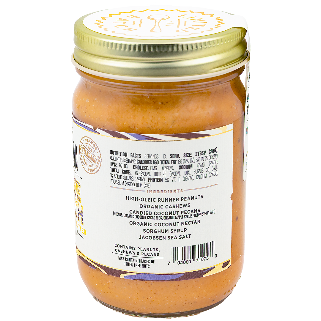 Jar of Big Spoon Roasters Toffee Crunch peanut and cashew butter showing side label listing ingredients and nutrition info