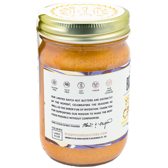 Jar of Big Spoon Roasters Toffee Crunch peanut and cashew butter showing side label listing nutrition callouts