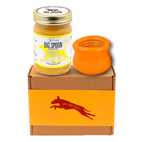 Jar of 'Big Spoon Roasters' Wag Butter with an orange west paw toppl on a branded box.