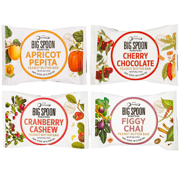 A composite photo of Apricot Pepita, Cherry Chocolate, Cranberry Cashew, and Figgy Chai peanut butter bars