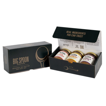 Three jars of nut butter in dark green gift box, Big Spoon Roaster's Seasonal Nut Butter Trio