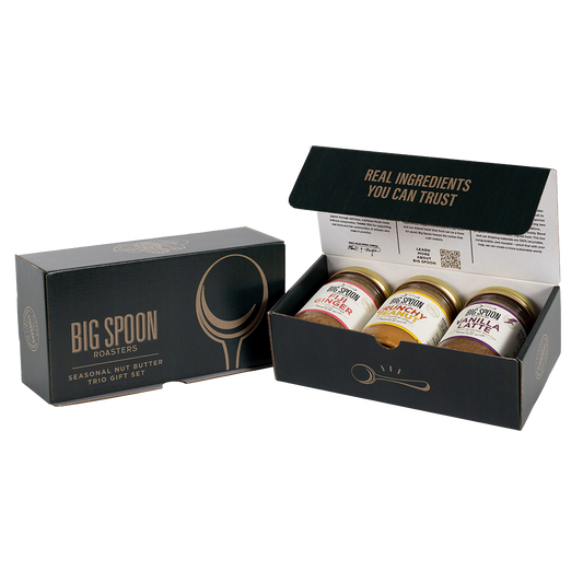 Three jars of nut butter in dark green gift box, Big Spoon Roaster's Seasonal Nut Butter Trio