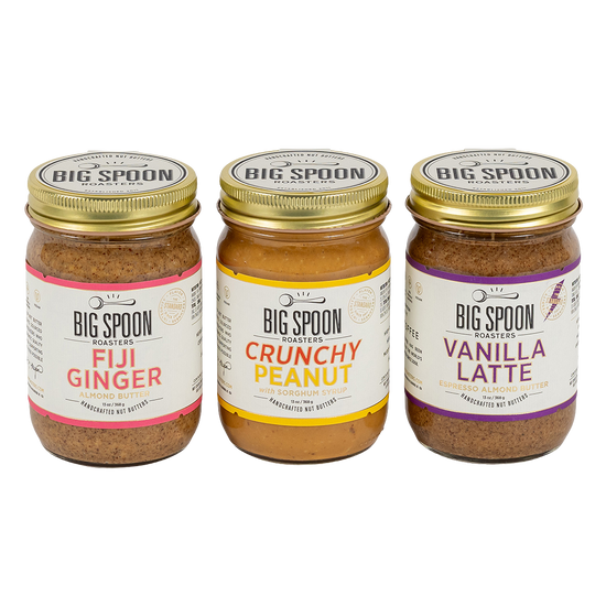 Three jars of nut butter: Fiji Ginger Almond Butter, Crunchy Peanut Butter, and Vanilla Latte Almond Butter