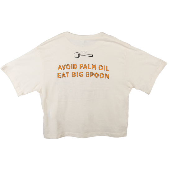 back of a beige tee reading "avoid palm oil, eat big spoon"