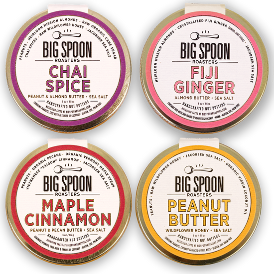 3oz jar lids labeled Chai Spice, Fiji Ginger, Maple Cinnamon, and Peanut Butter