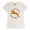 Women's cut Big Spoon Roasters shirt with dog leaping with spoon in mouth