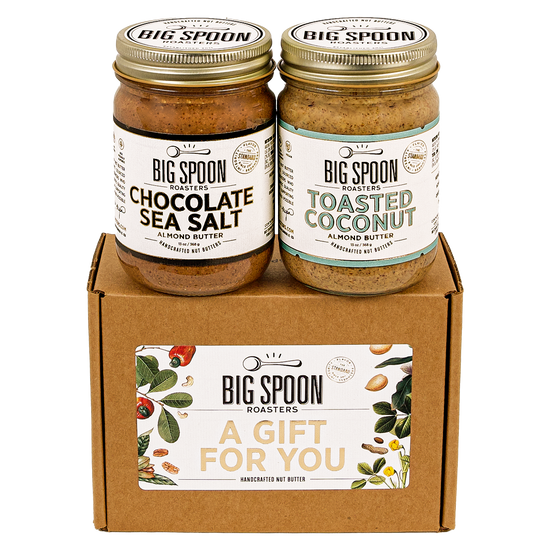 A gift set of Chocolate Sea Salt and Toasted Coconut nut butters