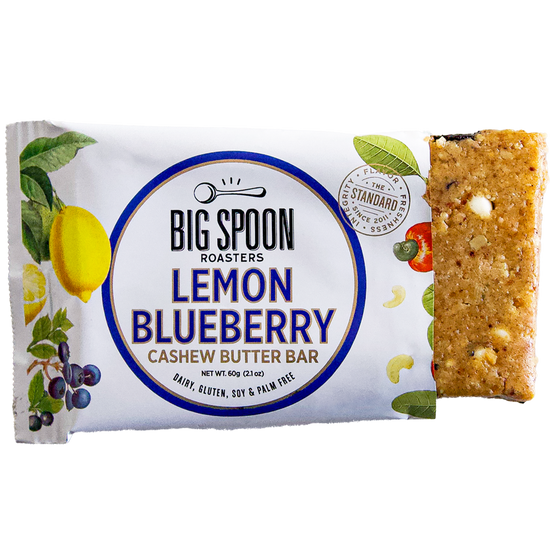 Lemon Blueberry Cashew Butter bar package, open on the right side and showing the bar