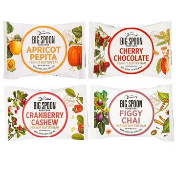 A composite photo of Apricot Pepita, Cherry Chocolate, Cranberry Cashew, and Figgy Chai peanut butter bars