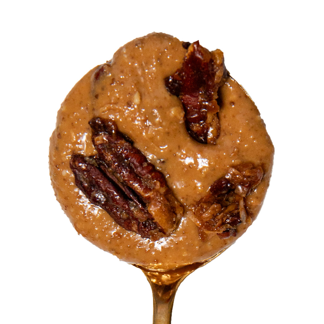 Spoonful of Toffee Crunch Peanut & Cashew Butter studded with Laurie Ellen's candied pecans
